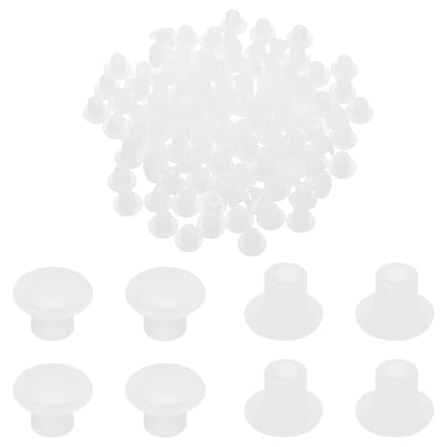 Image of MECCANIXITY 100pcs Plastic Hole Plugs, 5mm (3 /16 Inch) Clear White Screw Caps Cover Snap in Locking Round Button Top Shelf Plugs for Cabinet Cupboard Bookcase License Plate Furniture