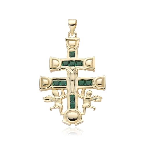 Cruz de Caravaca Colgante en Plata de Ley Bañada en Oro 18K con Cristales de Colores | 5 Versiones: Rubí, Zafiro, Amatista, Esmeralda y Aguamarina | Joya Religiosa con Ángeles Protectores (Esmeralda)