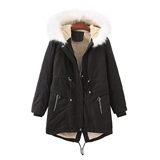 SKYWPOJU Förtjockad luvtröja dam Parkarock Dunjacka Varm vinterjacka med pälskrage (Color : Black, Size : 3XL)