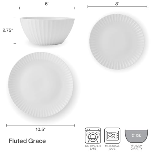 Image of Pfaltzgraff Fluted Grace 24 Piece Porcelain Plate and Bowl Dinnerware Set, Service for 8, Fluted Design, Durable for Everyday Use, White