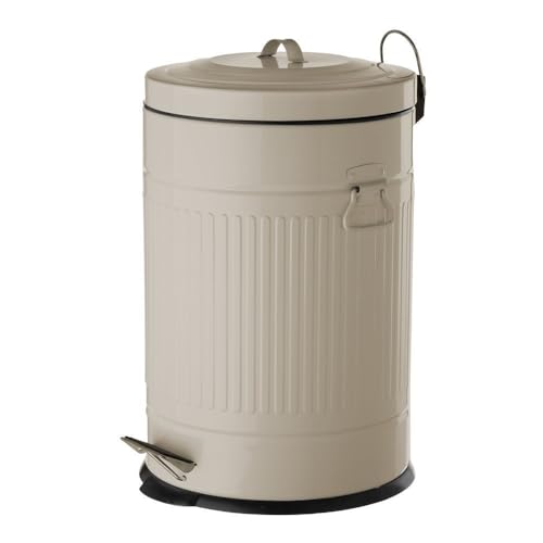 LOLAhome Papelera de cocina de 20 litros beige | Cubo basura de pedal Retro redondo metálico de zinc galvanizado de 20 litros