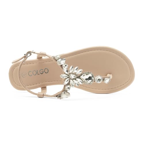 Colgo Women's T-Strap Flat Sandals, Elegant Glitter Rhinestone Thong Dress Shoes, Comfortable Wedding Sandals for Summer Beach Parties(Nude,8) by Colgo - Used condition - Image 5
