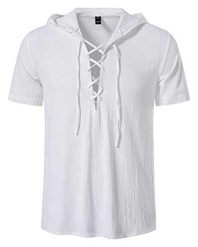 MakingDa Lace Up Viking T Shirt Men with Hood Retro Medieval Costume Cotton Pirate Renaissance Victorian Steampunk Gothic LARP Hooded Tops-White-XL