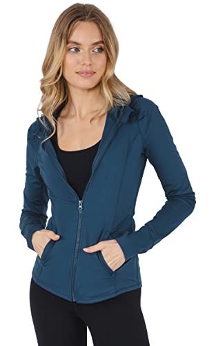 Yogalicious Full-Zip Lightweight Hooded Running Workout Yoga Lux Jacket with Pockets - Ocean Silk - Large