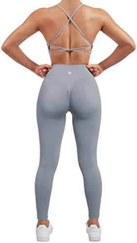 SUUKSESS Women Seamless 2 piece Workout Sets Strappy Padded Sports Bra Booty High Waisted Leggings Outfits (Grey Blue,L)