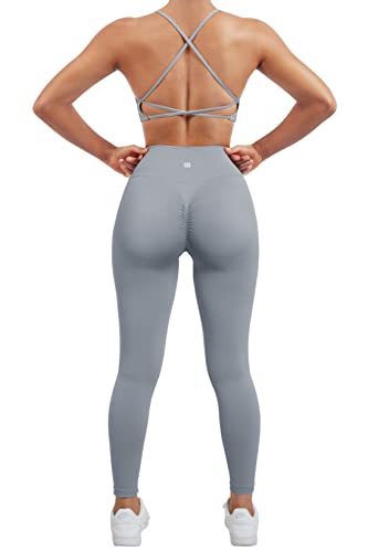 Suuksess Women Seamless 2 Piece Workout Sets Strappy Padded Sports Bra Booty High Waisted Leggings Outfits (Grey Blue,L) #TOP5