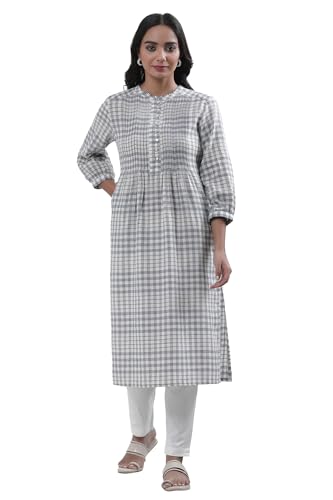 Image of W for Woman White Checked Print Cotton Straight Kurta