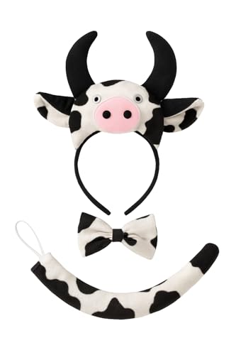 Image of White Cow Headband with Bow and Tail Costume Set, Halloween Animal Ears Costume Dress Up Suit, Cosplay Party Supplies for Adult