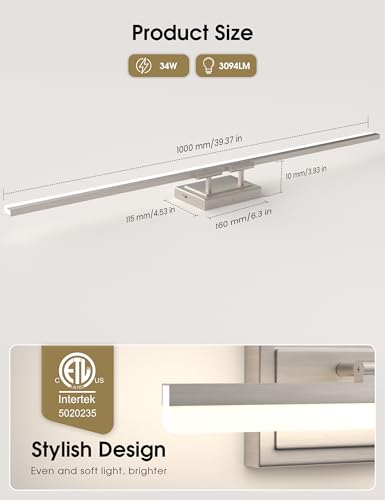 Image of VOLISUN Modern Bathroom Vanity Light 39.4 inch, Rotatable, 34W Dimmable 5CCT Led Bathroom Light Fixture Over Mirror, Brushed Nickel Bar Vanity Light for Bathrooms Mirror Restroom-ETL Certificated