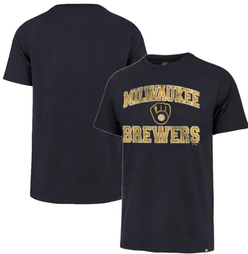 47 Brand MLB Men's Team Color Union Arch Franklin Primary Logo Short Sleeve Baseball T-Shirt - Milwaukee Brewers - Navy - X-Large