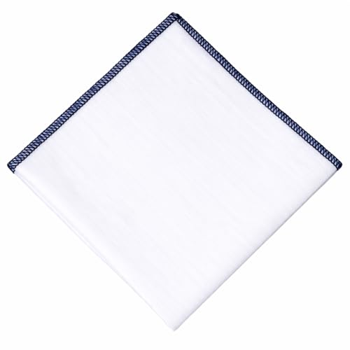 Image of Solid White Linen Pocket square with Colored embroidery edges (Oxford Blue)