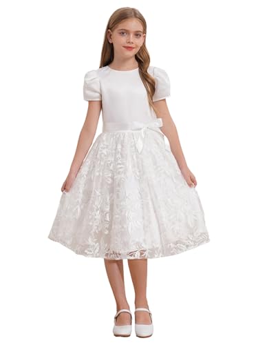 Flower Girl Short Sleeve Dress for Wedding Puffy Tulle Embroidery Pageant Prom Ball Gown with Belt