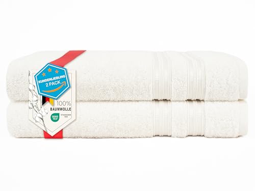 Hammetex Duschtücher 2er Set 70x140 cm – Badetücher aus 100% Baumwolle Frottier – Oeko-TEX Zertifiziert – Weich, Saugstark – mit Aufhänger, Creme