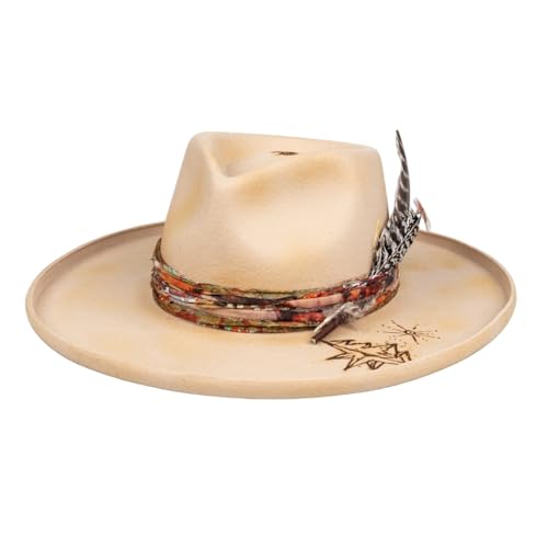 Image of RUEDIGER Vintage Pencil Brim Fedora Hats 100% Wool Felt Hat Panama Rancher Hat with Lightning Logo Handmade Distressed /Burned