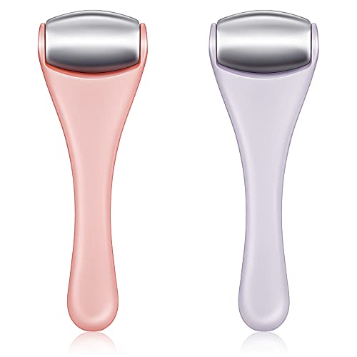 2 Pieces Women Facial Rollers Massager Face and Eye Puffiness Roller Stainless Steel Facial Roller Face Roller and Facial Tool White, Pink for Skin on Face and Neck