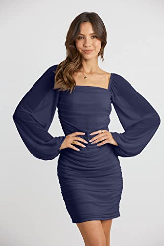MASCOMODA Women Elegant Square Neck Lantern Long Sleeve Mini Ruched Bodycon Dress Stretch Mesh Slim Party Cocktail Dresses2