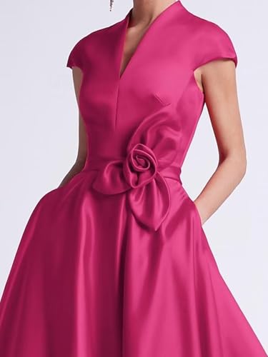 TIRAS Tea Length Mother of The Bride Dress Satin V-Neck Cap Sleeves Formal Evening Dress with Flowers CM4603