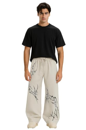Image of Aesthetic Flame Print Wide Leg Pants for Men | Oversized Gothic Streetwear Trousers | Black Baggy Track Pants with Fire Design | Trendy Hip Hop Bottoms