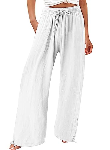 yoeasy Women's Drawstring Cotton Linen Solid Color Long Pant Elasticated Waist Wide Leg Pant