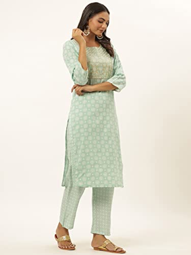 Image of YUFTA Women Black Floral Print Hand Work Cotton Kurta with Pant Set (6201SETBK )