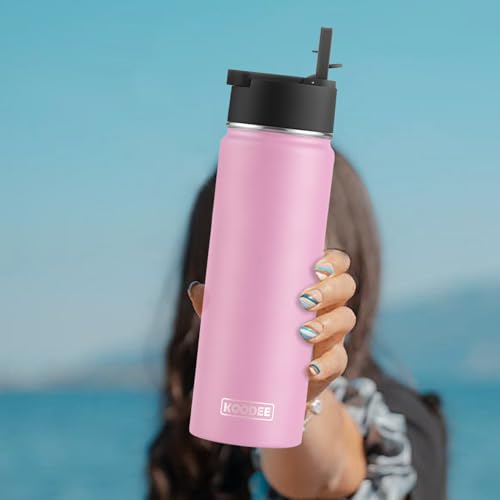 Image of koodee 22 oz Water Bottle with Straw Stainless Steel Vacuum Insulated Wide Mouth Sports Water Bottle, Girls Water Flask for School BPA Free-Pink