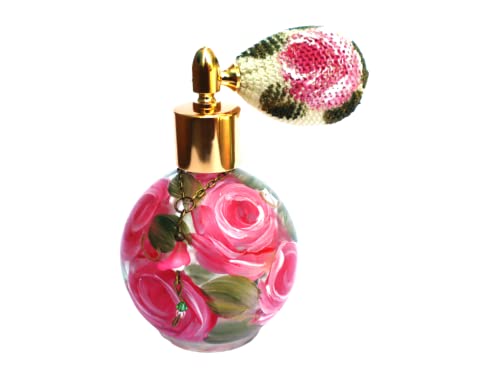 Vintage Hand-Painted Pink Roses Glass Perfume Atomizer Bottle for Romantic Shabby Chic Decor and Vanity Elegance