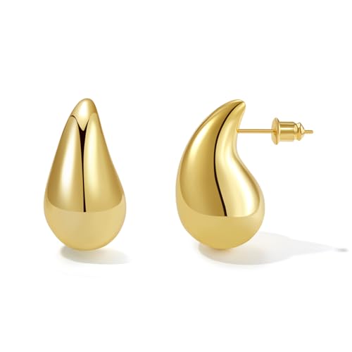 Teardrop Earrings for Women, 32mm Lightweight Gold Drop Earrings, Hypoallergenic Chunky Gold Hoop Earrings with 925 Sterling Silver Post, Dupes Jewelry for Women
