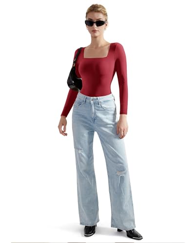 SUUKSESS Women Square Neck Long Sleeve Bodysuit Sexy Thong Bodysuit Shirts2