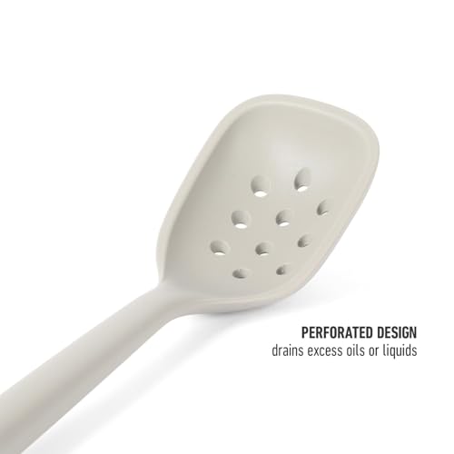 Image of Calphalon Edge Silicone Slotted Spoon /Skimmer, Flexible Heat-Resistant Kitchen Strainer Spoon for Cooking, Frying, Skimming, Draining & Serving, Taupe