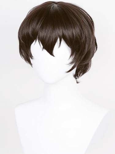 Image of Half and Half Dazai Cosplay Wig Short Dark Brown Anime Wig with Bangs Men's Brown Layered Wigs Synthetic Fiber Hair for Unisex Halloween Party