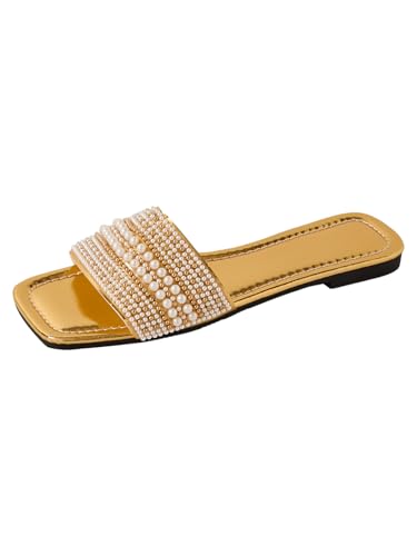 Image of GORGLITTER Women's Sparkly Jeweled Flat Sandals Dressy Open Toe Glitter Shiny Slippers Slip-on Shoes