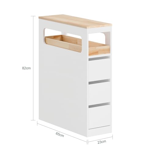 SoBuy Badezimmerschrank Schmal mit 3 Schubladen – Platzsparender Badschrank auf Rollen, mit Stabiler Struktur, geeignet für Badezimmer, WC und Küchenaufbewahrung, Weiß, 65x23x82cm, BZR54-II-W