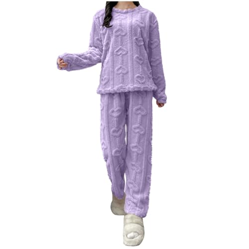 HAOLEI 2024 Pijama Polar Mujer,Pijama Mujer Invierno Felpa Conjunto de Camiseta Manga Larga y Pantalon Largo Color Sólido Conjunto de Casa Suave y Cómodo Ropa de Dormir Pijamas Coralina Mujer