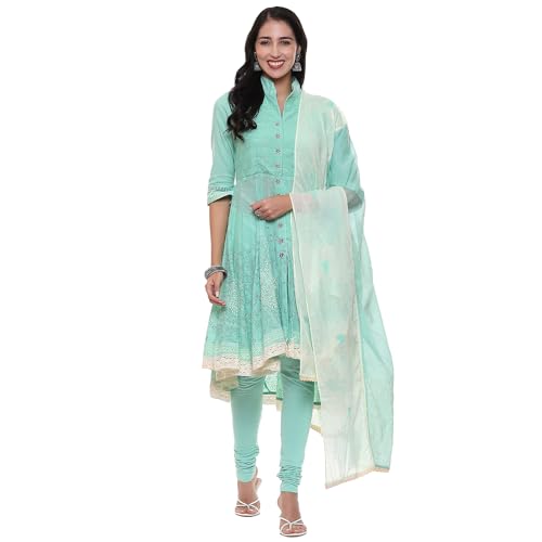 Image of BIBA Women Cotton Asymmetric Solid Kurta Churidar Suit Set