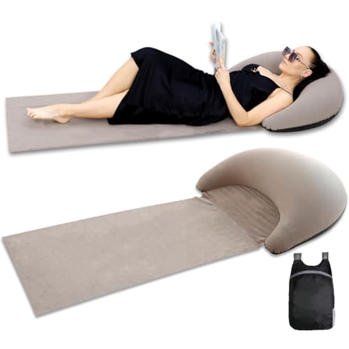 Inflatable Beach Mat Lounge Chair, Outdoor Sunbathing Sleeping Pad with Inflatable Pillow, Portable Flocking Beach Lounge Chair, Suitable for Lawn, Outdoor Camping, Travel, Beach Vacation (Khaki)