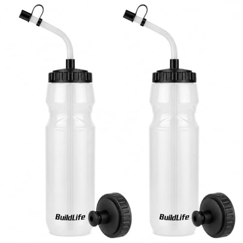 BuildLife Hockey Water Bottle with Long Straw, 32 OZ, 2 Pack, Clear