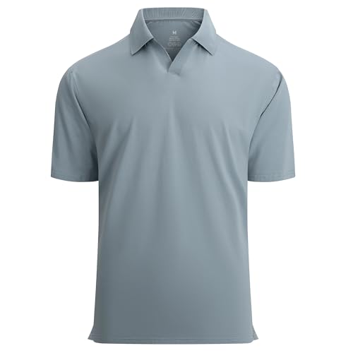 Esabel.C Mens Cotton Polo Shirts Short Sleeve V-Neck Breathable Stretch Golf Polo Shirts for Men,Grey Blue,L