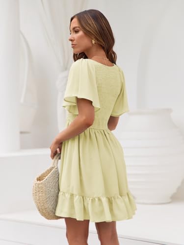 Image of LILLUSORY Women's Flowy Casual Mini Dresses 2026 Summer Graduation Smocked V Neck Vacation Dress Dress with Pockets