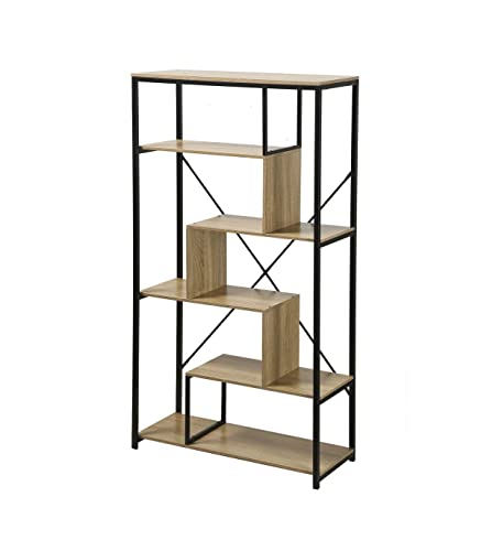 Casâme Étagère Moderne - Multi-Compartiments - Style Industriel - Décor Chêne et Noir - Panneaux de Bois et métal Noir - Meuble de Rangement - pour Salon - 84 x 34 x H160 cm