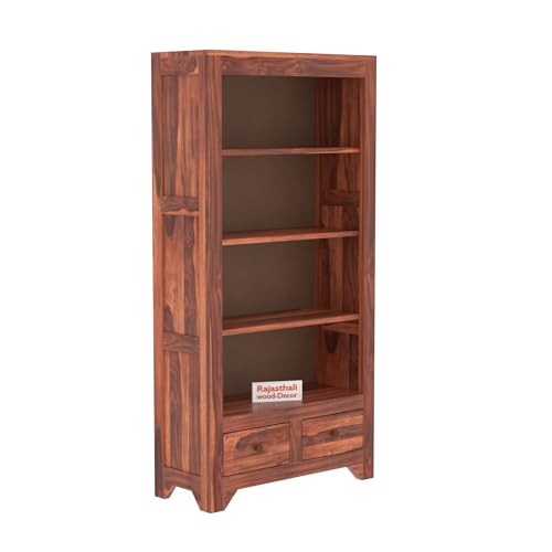 Image of Solid Sheesham Wood Bookshelf Cum Display Cabinet | Wooden Book Shelf with 2 Drawers & 3 Shelves Storage | Living Room & Study Room Bookcase | Honey Oak Natural Finish