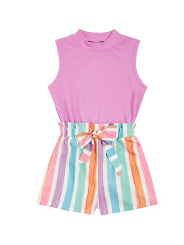 Image of Floerns Girls 2 Piece Outfit Ruffle Trim Tee Top with Paperbag Waist Shorts Set