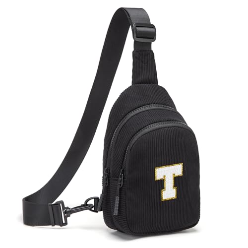 Small Corduroy Sling Bag Initial Crossbody Bag Fanny Pack for Girls Personalized Birthday Gifts for Teen Girls Gifts Black T