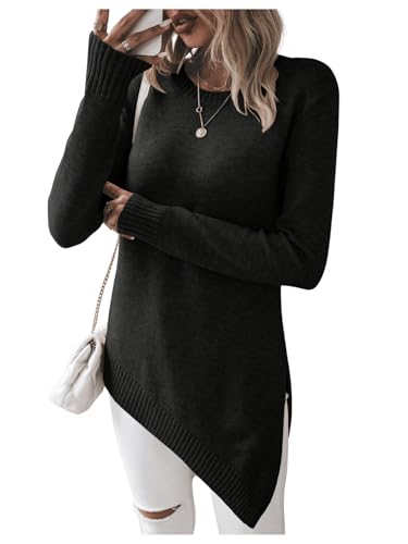 Image of GORGLITTER Women's Split Asymmetrical Hem Sweater Long Sleeve Crewneck Knit Pullover Tops Black Small