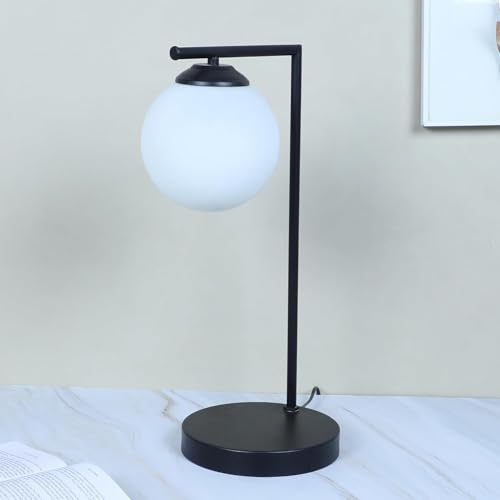 Image of tu casa Black Metal Table Lamp | White Glass Shade | Durable Metal Construction | Modern Home Decor | Without Bulb | Ambient Lighting for Bedroom, Living Room, Lounge, Office, Study & Festival Gifting
