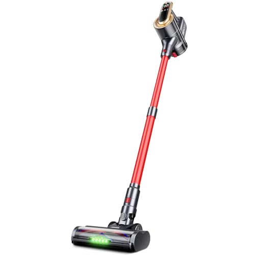 Image of RENDOW Cordless Vacuum Cleaner, 550W 45Kpa 65Mins Stick Vacuum, Self-Standing Vacuum Cleaners for Home with Wall Dock, LED Display, Anti-Tangle Rechargeable Vacuum Cordless for Pet Hair /Carpet, RED