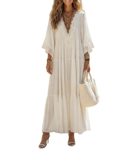 Womens Boho Lace Maxi Dress V Neck Flowy Long Sleeve