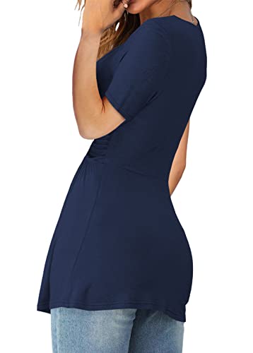 Image of Tankaneo Womens Front Knotted V-Neck Blouse T Shirt Short Sleeve Oversized Tunic Tops Summer Solid Pullover Tees