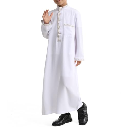 Kids Boy's Muslim Thobe Long Sleeve Embroidered Arabic Kaftan Prayer Clothes Islamic Button Dubai Robe with Pocket2