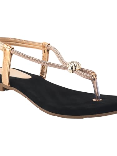Image of Shoetopia Women's Embellished T-Strap Flats - Crystal Detail Toe Loop Sandals with Cushioned Black Footbed, Slip-On Ethnic Casual Comfort Flats