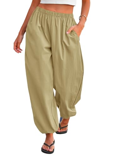Tankaneo Womens Balloon Pants Trendy Casual Elastic Waist Wide Leg Harem Pants Baggy Pleated Lantern Trousers Dark Khaki